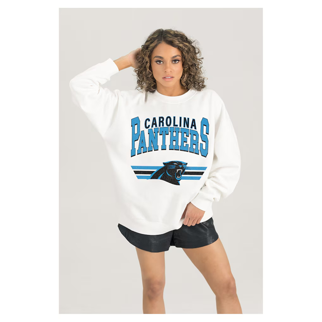 Women's Carolina Panthers Gameday Couture White Sunday Drives Oversized Crewneck Pullover Sweatshirt(Run Small)